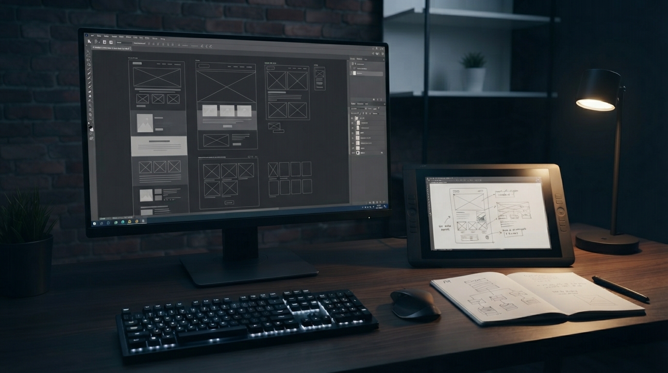 Een bureau met een beeldscherm, een tablet, een open liggend notitieboek, een toetsenbord, een muis en een bureaulamp, waarop ontwerp-wireframes te zien zijn.