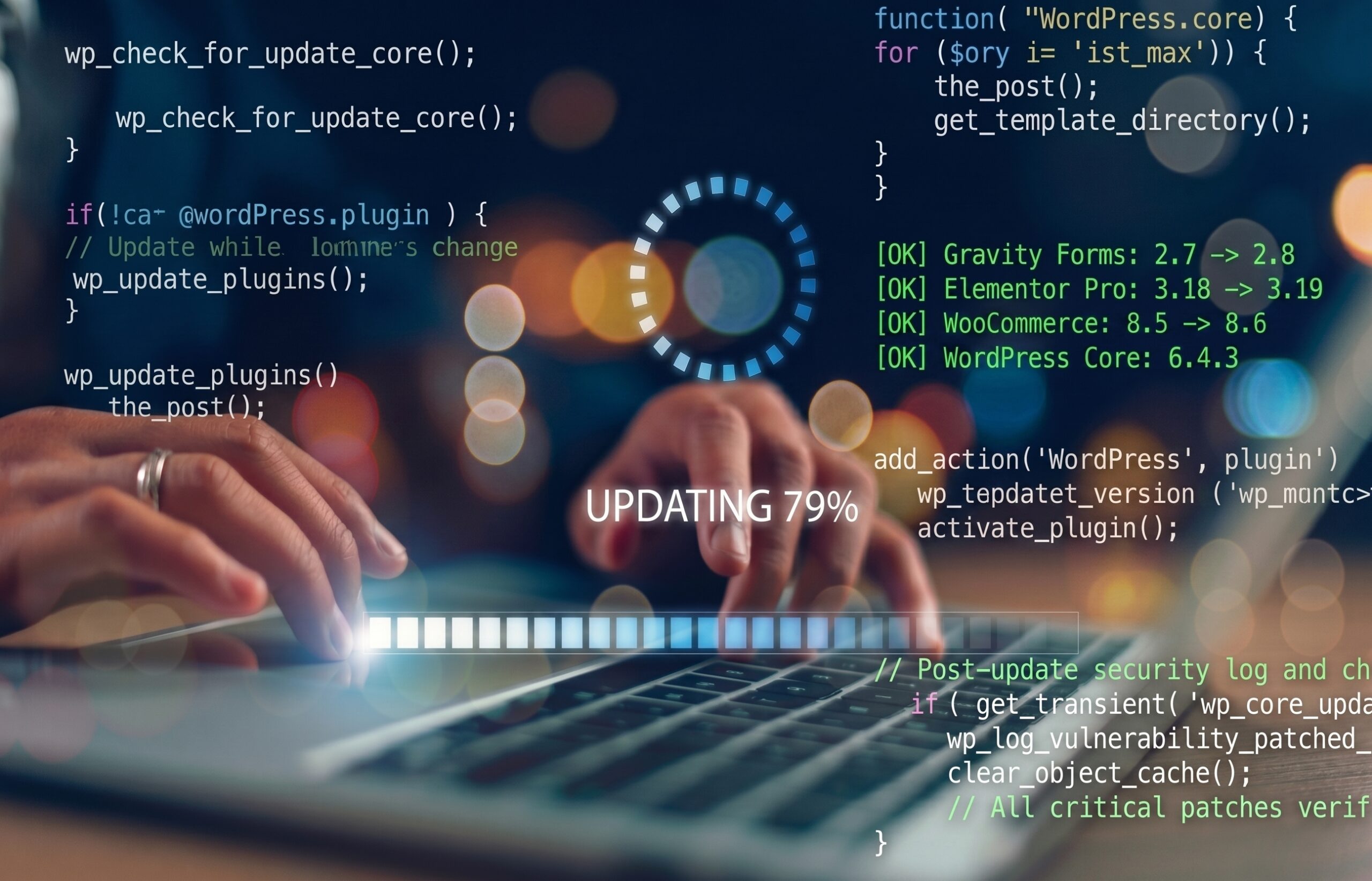 Handen die code typen op een laptop, updates van plug-ins en een voortgangsbalk van WordPress Onderhoud met de tekst „UPDATING 79%“ die eroverheen ligt.
